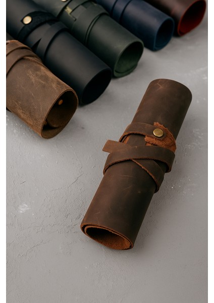 Kahverengi Hakiki Deri Rulo Kalemlik – Ayarlanabilir Kalem Bölümleri El Yapımı Kalem Çantası Organizer