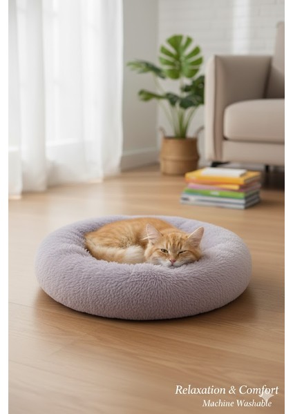 Lüks Peluş Donut Kedi Yatağı - Köpek Yatağı Minder 50x50x15 LİLA