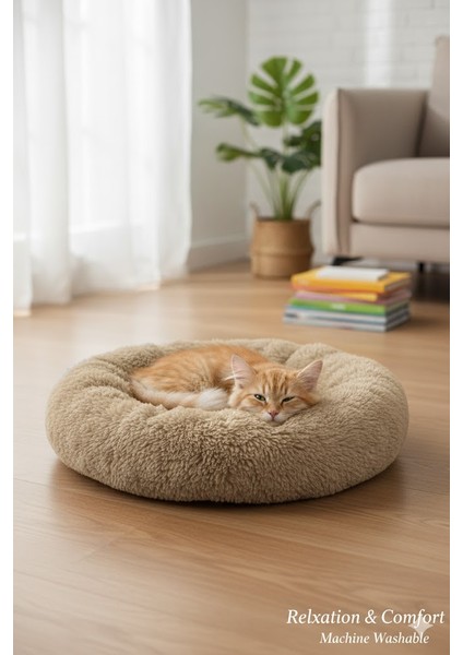 Lüks Peluş Donut Kedi Yatağı - Köpek Yatağı Minder 50x50x15 KAHVERENGİ