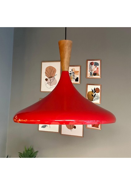 45 cm Çaplı Xl Kırmızı Büyük Huni Ahşap Başlık Avize Tekli Sarkıt Restoran Salon Mutfak