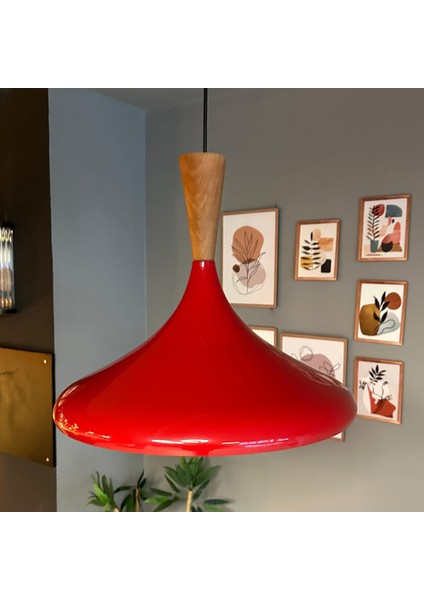 45 cm Çaplı Xl Kırmızı Büyük Huni Ahşap Başlık Avize Tekli Sarkıt Restoran Salon Mutfak fiyatları