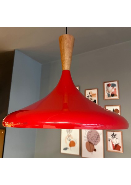 45 cm Çaplı Xl Kırmızı Büyük Huni Ahşap Başlık Avize Tekli Sarkıt Restoran Salon Mutfak modelleri