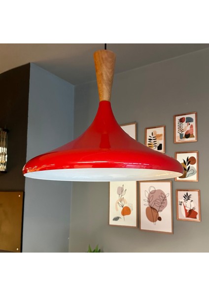 45 cm Çaplı Xl Kırmızı Büyük Huni Ahşap Başlık Avize Tekli Sarkıt Restoran Salon Mutfak fırsatları
