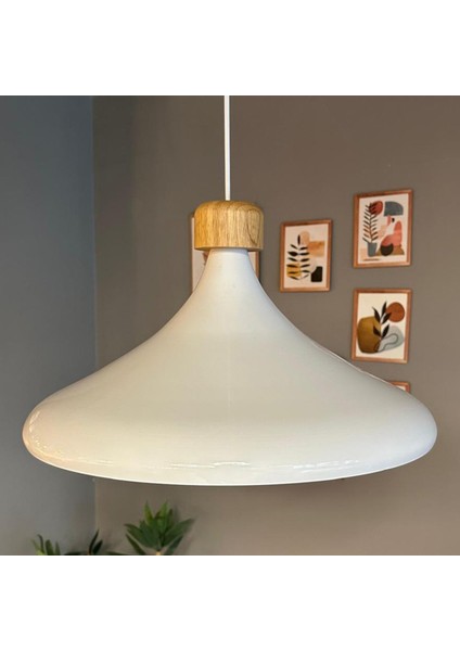 45 cm Çap Xl Beyaz Geniş Ahşap Başlık Avize Tekli Sarkıt Lamba Restoran Salon Mutfak Avize