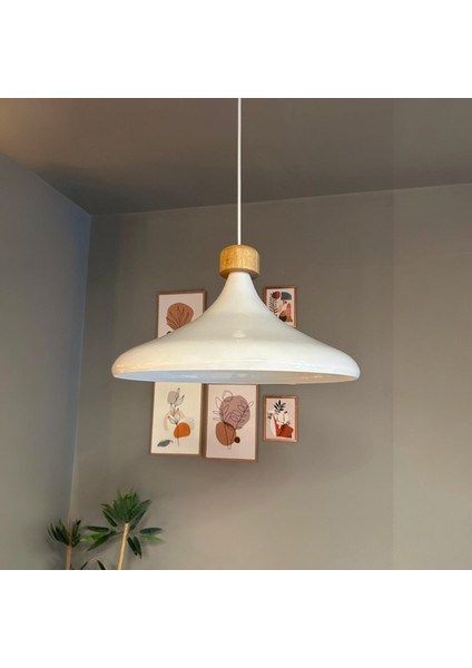 45 cm Çap Xl Beyaz Geniş Ahşap Başlık Avize Tekli Sarkıt Lamba Restoran Salon Mutfak Avize