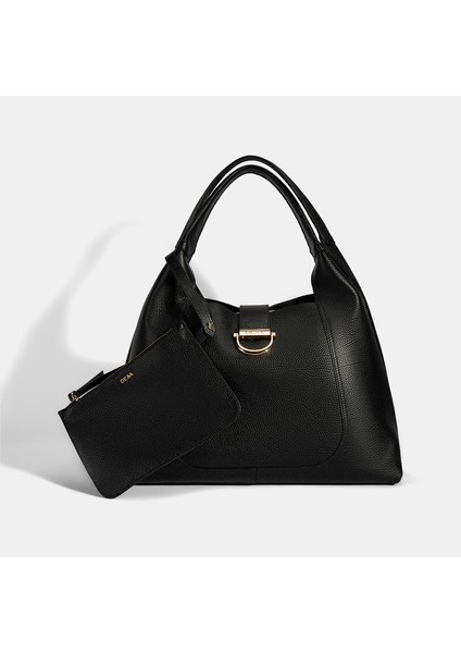 Kadın Siyah Cüzdan Aksesuarlı Deri Omuz Çantası