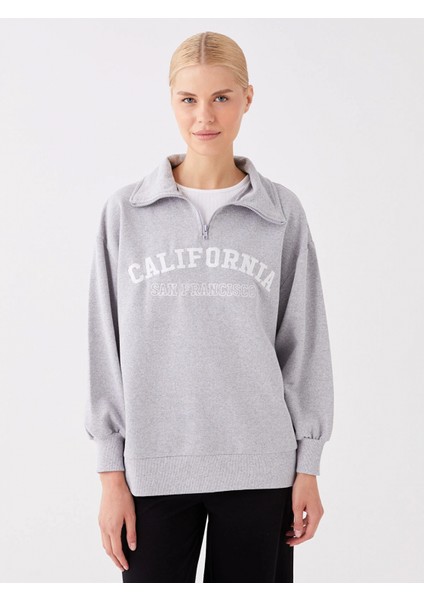 Lcw Modest Gri Gömlek Yaka Baskılı Uzun Kollu Oversize Kadın Sweatshirt Tunik