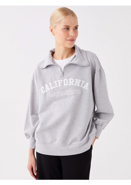 Lcw Modest Gri Gömlek Yaka Baskılı Uzun Kollu Oversize Kadın Sweatshirt Tunik fiyatları