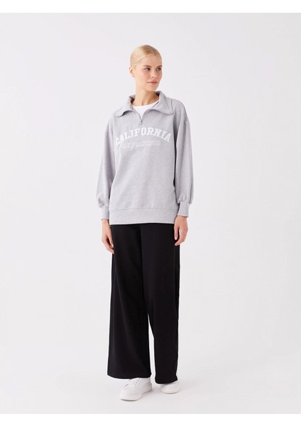 Lcw Modest Gri Gömlek Yaka Baskılı Uzun Kollu Oversize Kadın Sweatshirt Tunik modelleri