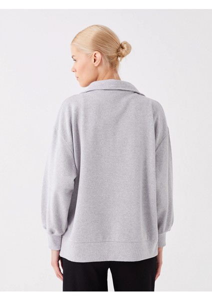 Lcw Modest Gri Gömlek Yaka Baskılı Uzun Kollu Oversize Kadın Sweatshirt Tunik indirimleri