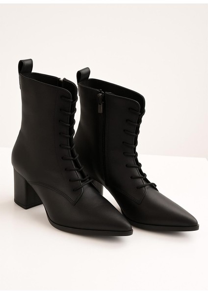 Kadın Topuklu Bot Sivri Burun Bağcıklı Yandan Fermuarlı Kalın Ökçe