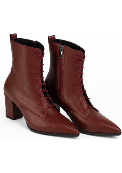 Kadın Topuklu Bot Sivri Burun Bağcıklı Yandan Fermuarlı Kalın Ökçe