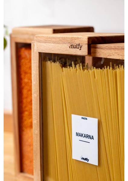 2'li Kapaklı Ahşap Saklama Kabı Seti Büyük Boy Bakliyatlık - Organizer - 9 Adet Etiket Hediyeli