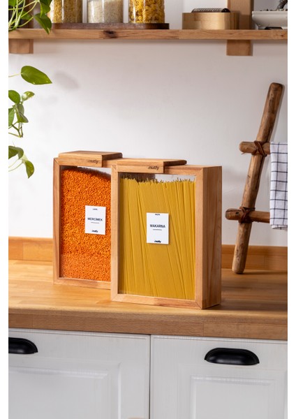 2'li Kapaklı Ahşap Saklama Kabı Seti Büyük Boy Bakliyatlık - Organizer - 9 Adet Etiket Hediyeli fiyatları