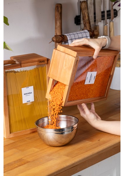 2'li Kapaklı Ahşap Saklama Kabı Seti Büyük Boy Bakliyatlık - Organizer - 9 Adet Etiket Hediyeli fırsatları