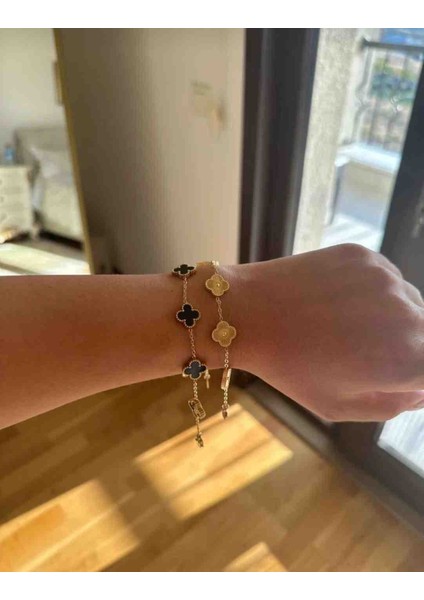 Gold Yonca Model Gold ve Siyah Ikili Bileklik Seti