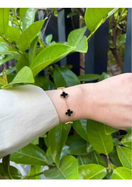 Gold Yonca Model Gold ve Siyah Ikili Bileklik Seti fiyatları