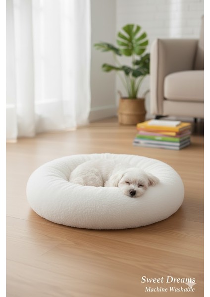 Lüks Peluş Donut Kedi Yatağı - Köpek Yatağı Minder 50x50x15 BEYAZ