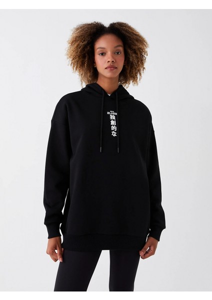 Xsıde Siyah Baskılı Oversize Kadın Kalın Hoodie fiyatları