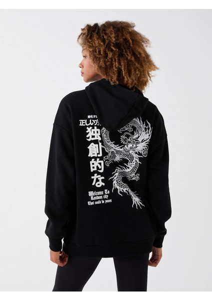 Xsıde Siyah Baskılı Oversize Kadın Kalın Hoodie indirimleri