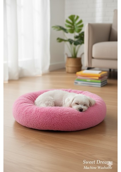 Lüks Peluş Donut Kedi Yatağı - Köpek Yatağı Minder 50x50x15 FUŞYA