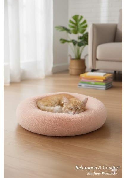 Lüks Peluş Donut Kedi Yatağı - Köpek Yatağı Minder 50x50x15 açık pembe