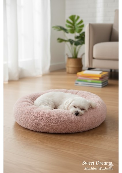Lüks Peluş Donut Kedi Yatağı - Köpek Yatağı Minder 50x50x15 TOZ PEMBE