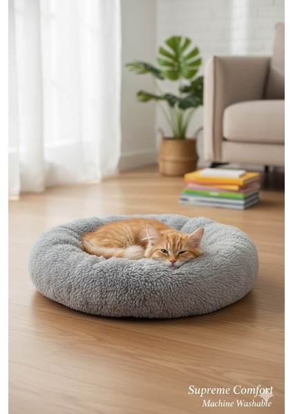 Lüks Peluş Donut Kedi Yatağı - Köpek Yatağı Minder 50x50x15 gri