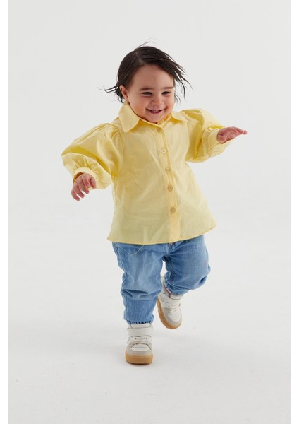 Balon Kol Çocuk Poplin Gömlek Limon Sarısı