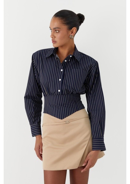 Korsaj Detaylı Çizgili Poplin Gömlek Laci