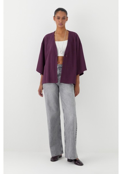 Triko Görünümlü Örme Kimono Bordo