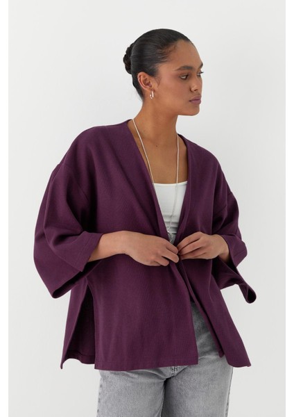 Triko Görünümlü Örme Kimono Bordo fiyatları