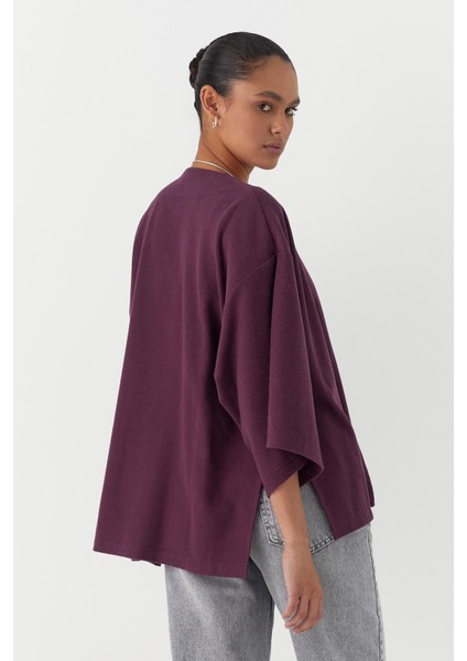 Triko Görünümlü Örme Kimono Bordo indirimleri