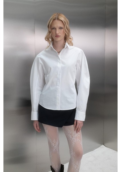 Kolu Balenli Poplin Gömlek Beyaz