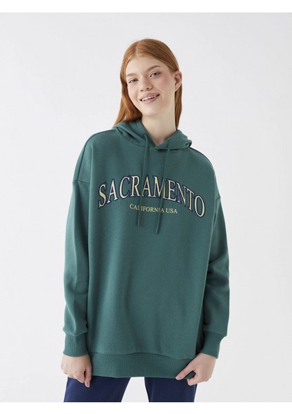 Xsıde Yeşil Baskılı Oversize Kadın Kalın Hoodie