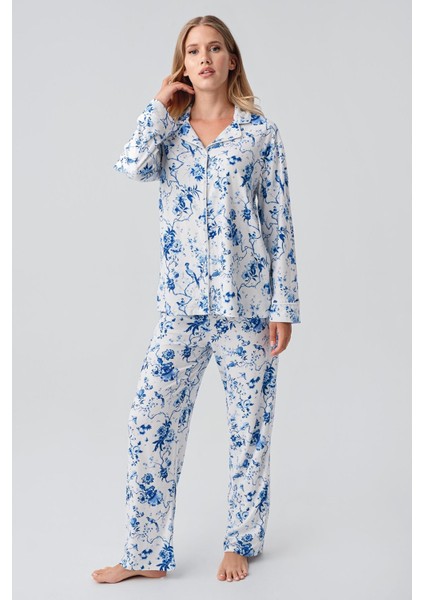 Termal Uzun Kollu Düğmeli Desenli Esnek Yumuşak Dokulu Pijama Takım 18222