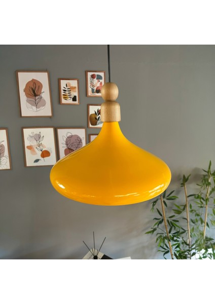 Sarı Tekli Avize Kalın Ahşap Boncuk Sarkıt Salon Mutfak Pastane Lamba Aydınlatma Avizeler