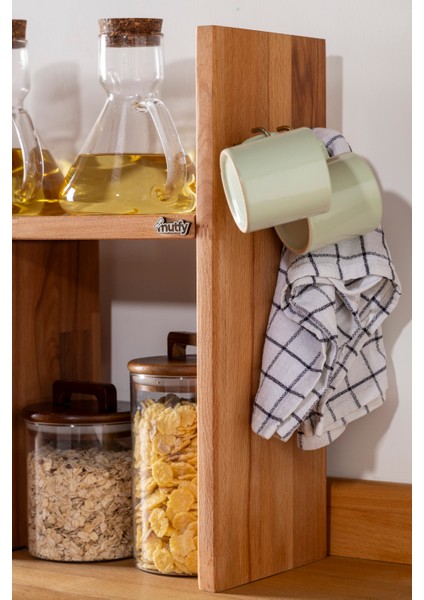 Ahşap Fonksiyonel Askılı Mutfak Organizer Raf 2 Parça Düzenleyici Raf - Kahve Köşesi Rafı