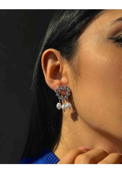 Zirkon Taşlı Kalp Model Incili Sallantılı Çelik Küpe fiyatları