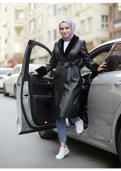 Kadın Yakası Tüylü Kuşaklı Astarlı Siyah Deri Trençkot fiyatları