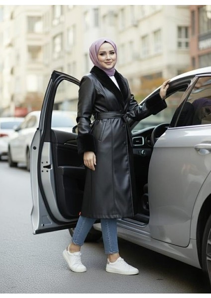 Kadın Yakası Tüylü Kuşaklı Astarlı Siyah Deri Trençkot modelleri