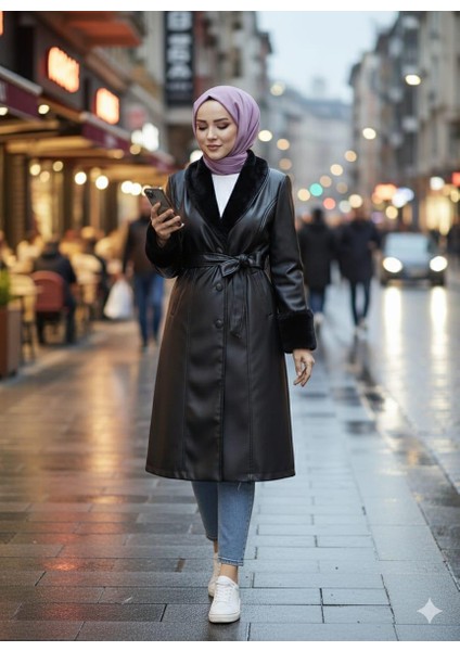 Kadın Yakası Tüylü Kuşaklı Astarlı Siyah Deri Trençkot fırsatları