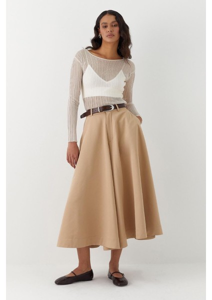 Geniş Dökümlü Trenç Pantolon Vizon