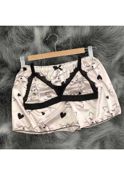 Kedi Desenli Saten Bralet Şort Pijama Takımı