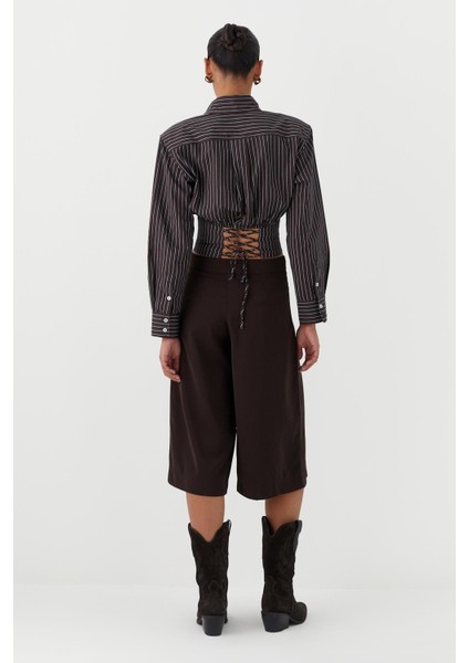 Korsaj Detaylı Çizgili Poplin Gömlek Kahverengi fırsatları