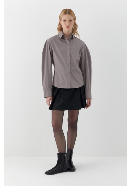 Kolu Balenli Poplin Gömlek Gri