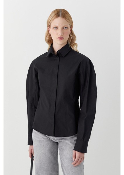 Kolu Balenli Poplin Gömlek Siyah