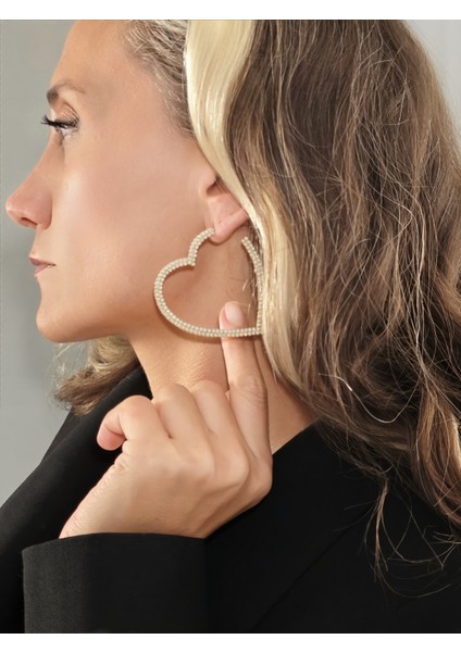 Büyük Kalp Model Beyoğlu Taşlı Abiye Gold Renk Küpe