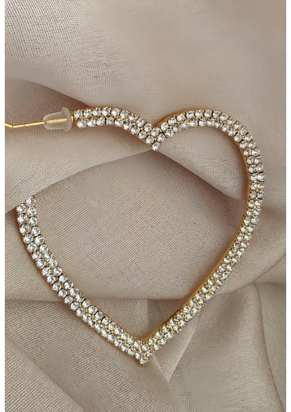 Büyük Kalp Model Beyoğlu Taşlı Abiye Gold Renk Küpe indirimleri