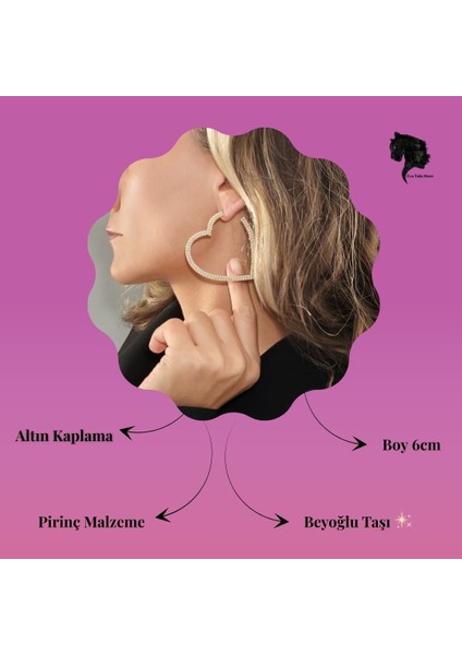 Büyük Kalp Model Beyoğlu Taşlı Abiye Gold Renk Küpe